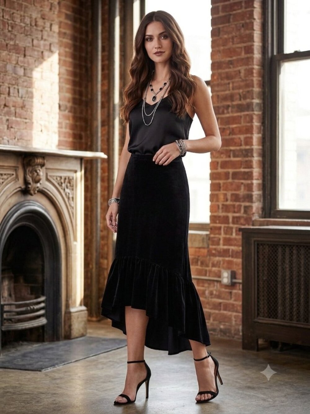 Vintage Black Velvet High-Low Ruffle Flounce Midi Skirt